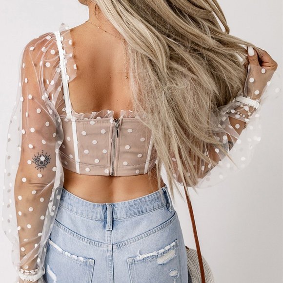 Polka Dot Mesh Frilled Long Sleeve Crop Top - Picture 2 of 6